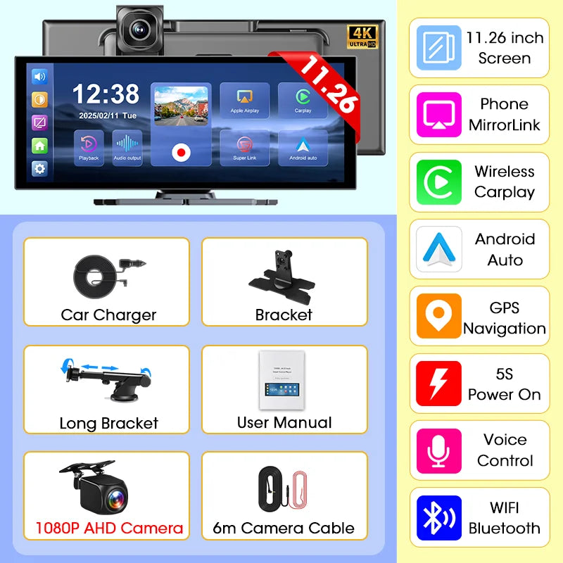 11.26 Zoll 4K DVR Kabellos CarPlay Kamera