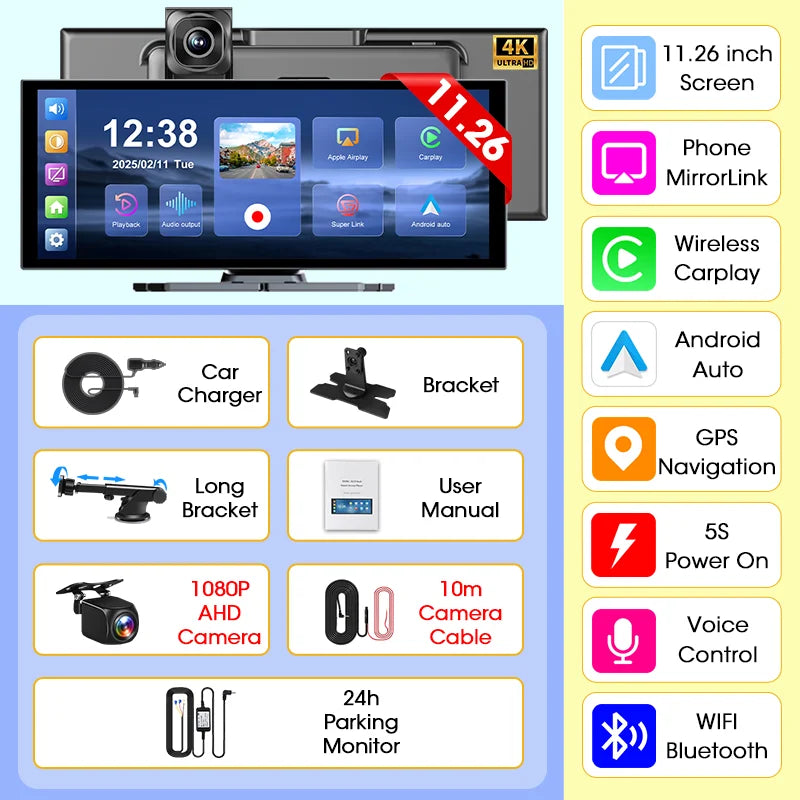11.26 Zoll 4K DVR Kabellos CarPlay Kamera