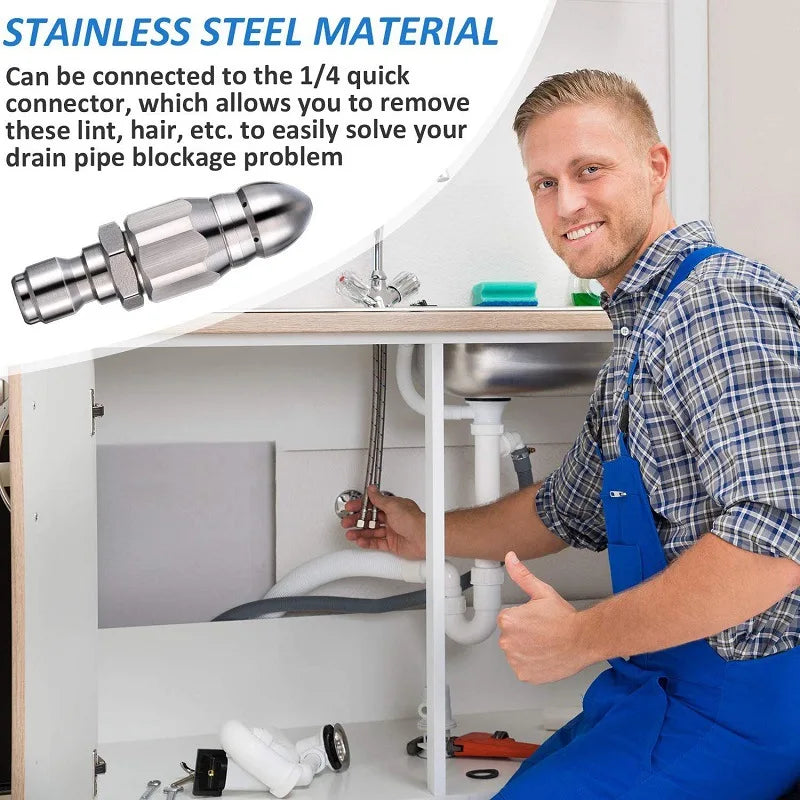 Water Jet High Pressure Sprayer Nozzle Clean Sewer 1/4" Stainless Steel Pressure Washer Quick Plug Drain Hose Nozzle Too