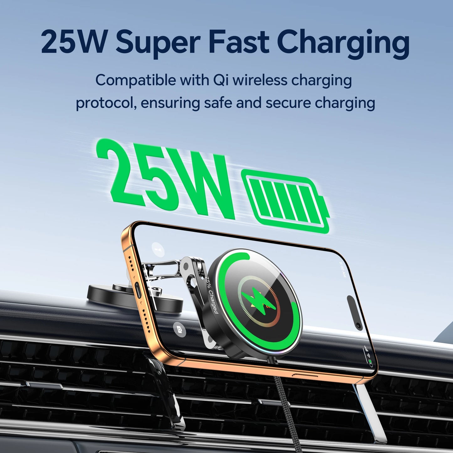 25W Magnetisches Kabelloses Autoladegerät für iPhone 17 16 15 – Schnelles Laden, MagSafe Auto-Handyhalterung und Ständer