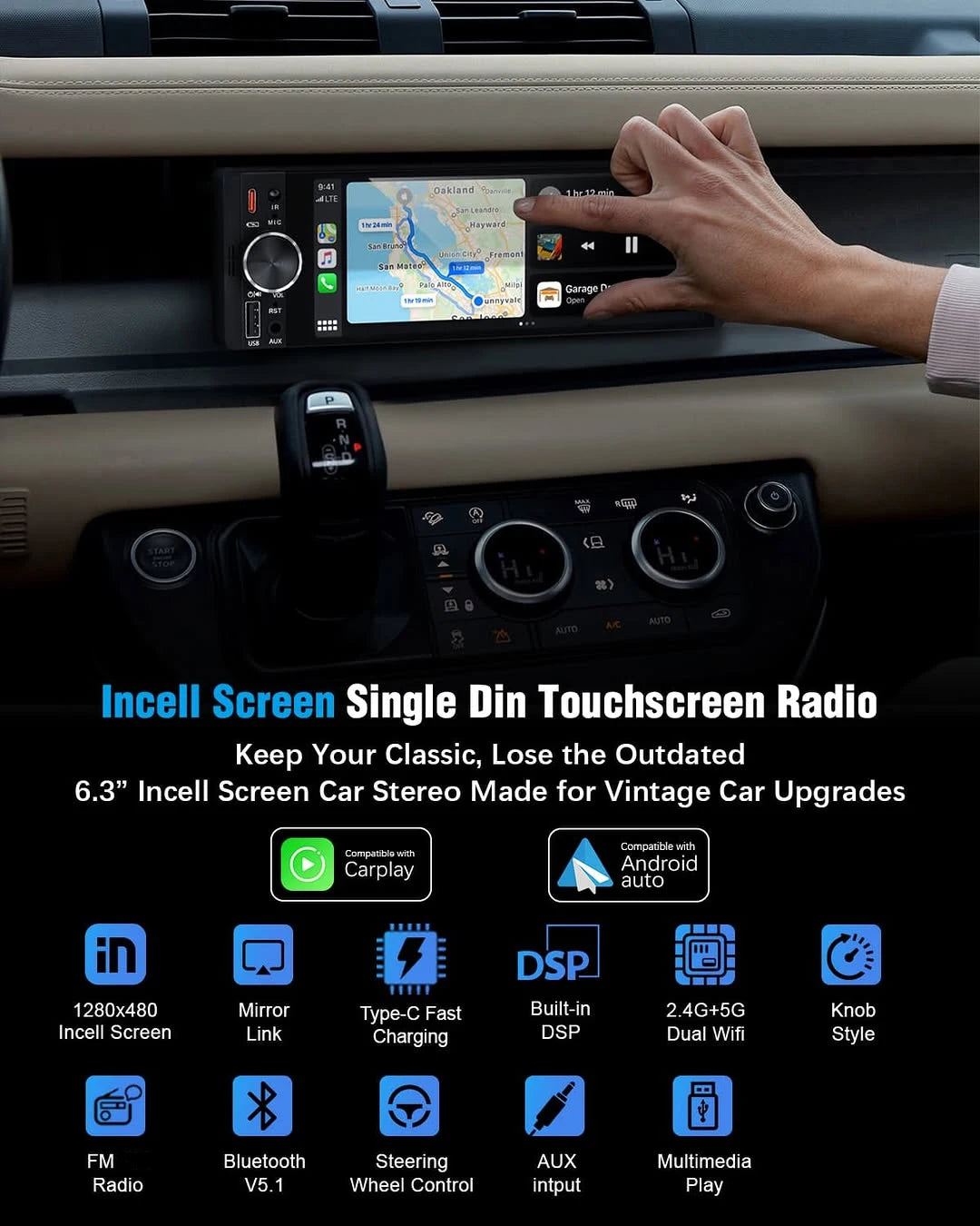 1Din CarPlay Android AUTO HD Autoradio 6.86 Zoll – SwissGlanzGarage Ansicht 3