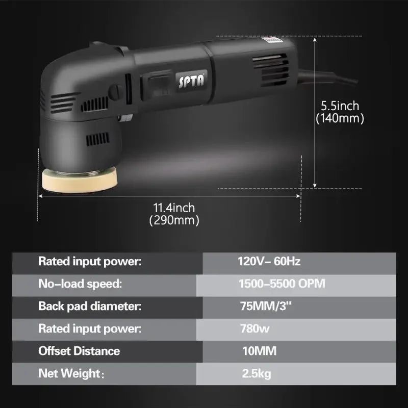 SPTA Dual-Action 3-Zoll-10-mm-Orbit-Poliermaschine mit 780-W-Motor für Autos mit 4-Zoll-Polierpads und Konditionierbü...