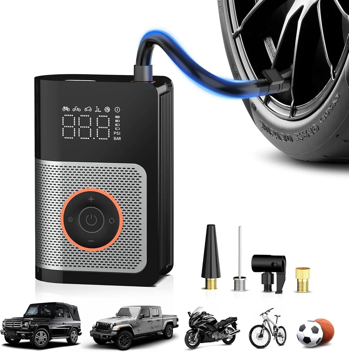 Reifenfüller, tragbarer Luftkompressor, 160 PSI, tragbare Auto-Luftpumpe mit Reifendruckmesser für Kraftfahrzeuge, Mo...