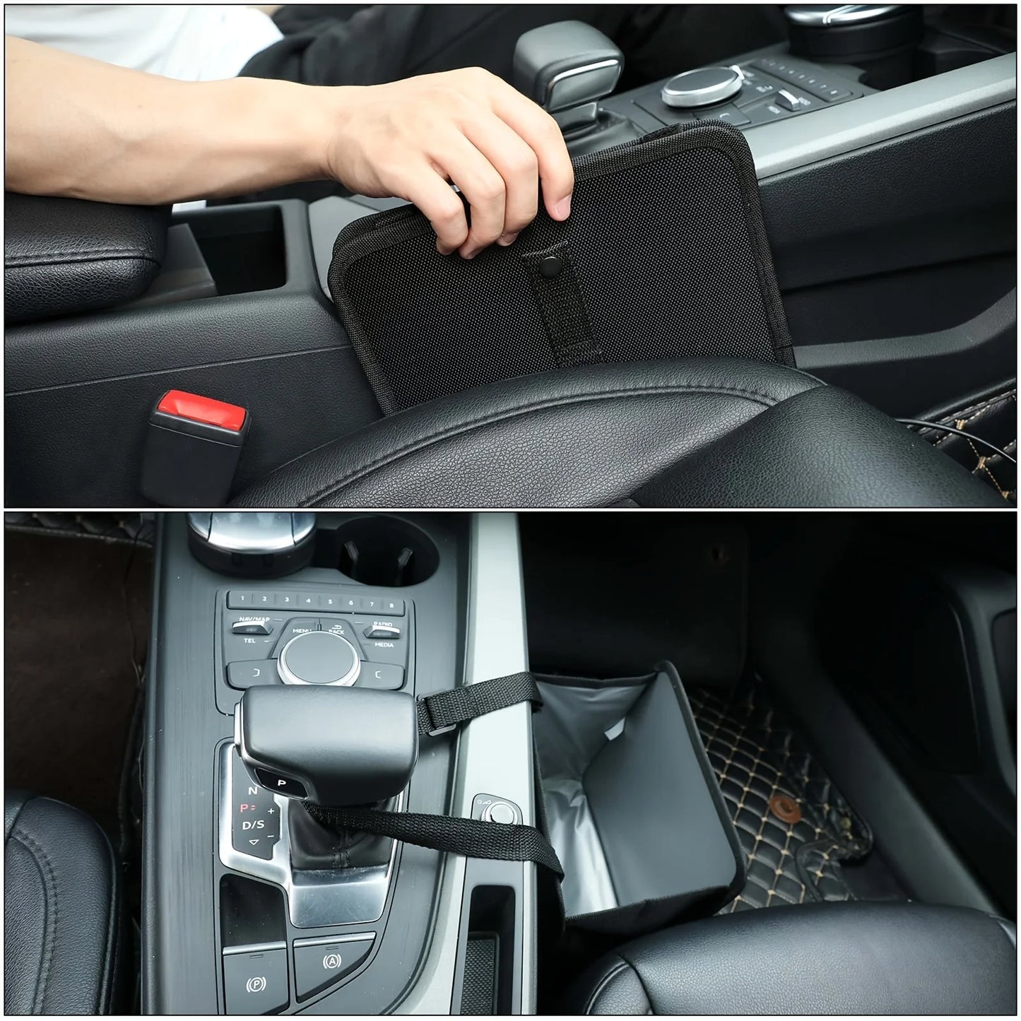 Organizer für die Rückenlehne im Autositz mit hängendem Mülleimer und