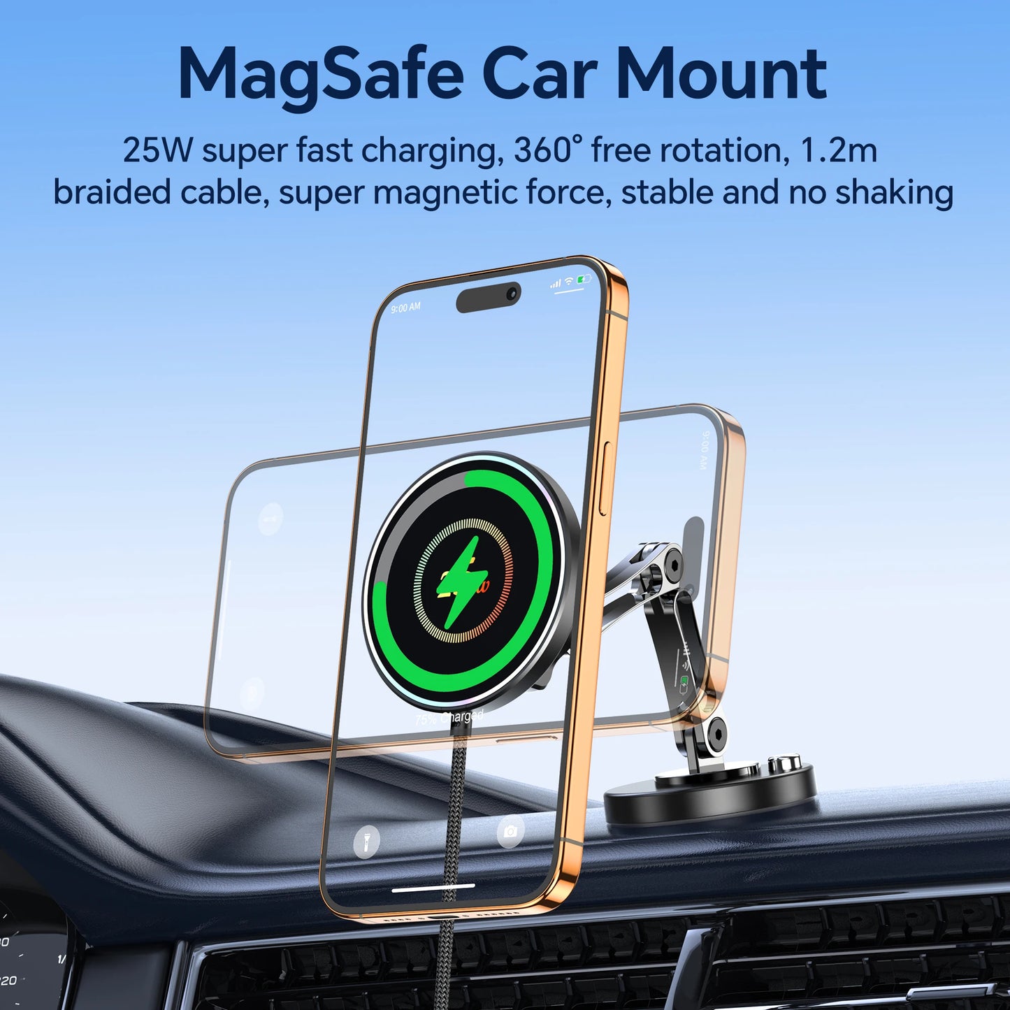 25W Magnetisches Kabelloses Autoladegerät für iPhone 17 16 15 – Schnelles Laden, MagSafe Auto-Handyhalterung und Ständer