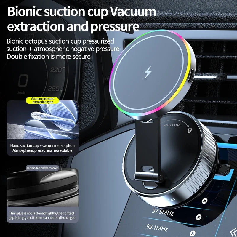 15 W kabelloser Lade-Autotelefonhalter mit RGB-Licht, Armaturenbrett-Vakuumsaugerhalter, 360-Grad-Drehung für iPhone ...