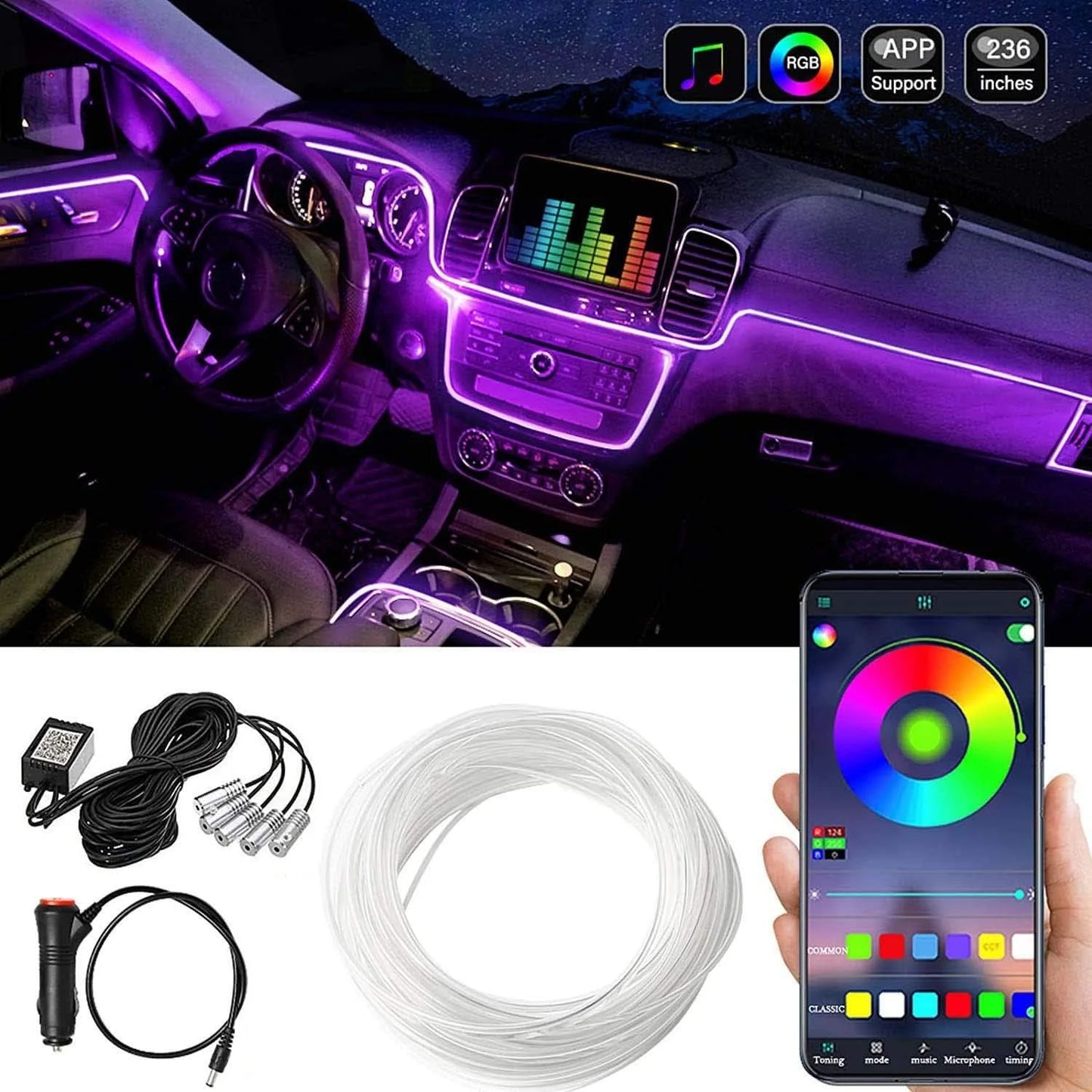 Auto-LED-Innenraumbeleuchtung, Mehrfarbig RGB 5 in 1 mit 400 Zoll Ambientebeleuchtungs-Set mit Fernbedienung und App-...