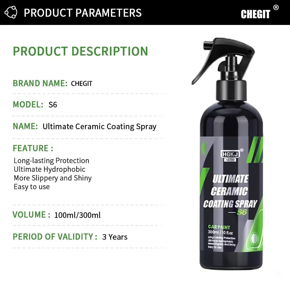CHEGIT S6 Ultimate Keramikbeschichtungsspray, hydrophober Hochglanz-Lackschutz, 9H Nano Top, langanhaltendes Wachs, A...
