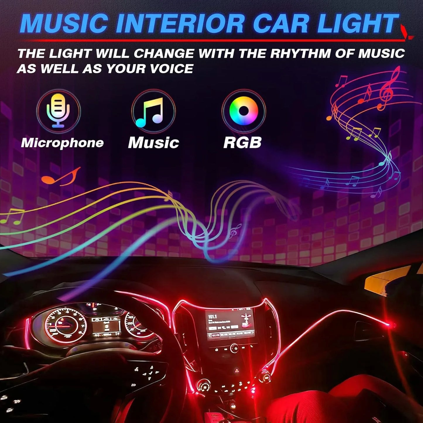 Auto-LED-Innenraumbeleuchtung, Mehrfarbig RGB 5 in 1 mit 400 Zoll Ambientebeleuchtungs-Set mit Fernbedienung und App-...
