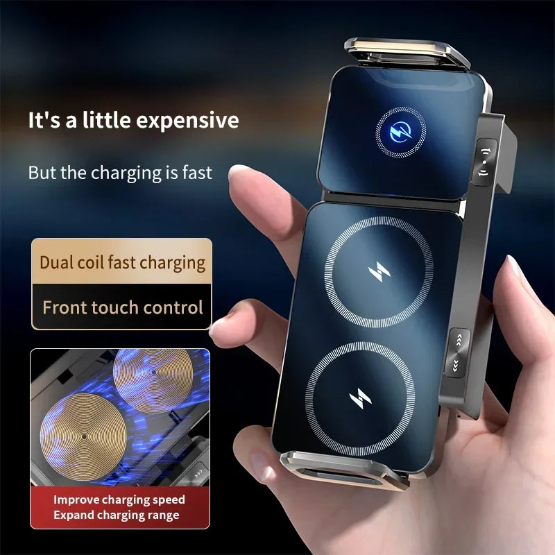 Dual-Spulen Schnelles Kabelloses Auto-Ladegerät Halterung Faltbar 90° ° Drehbarer Auto-Handyhalter, universell für Sm...