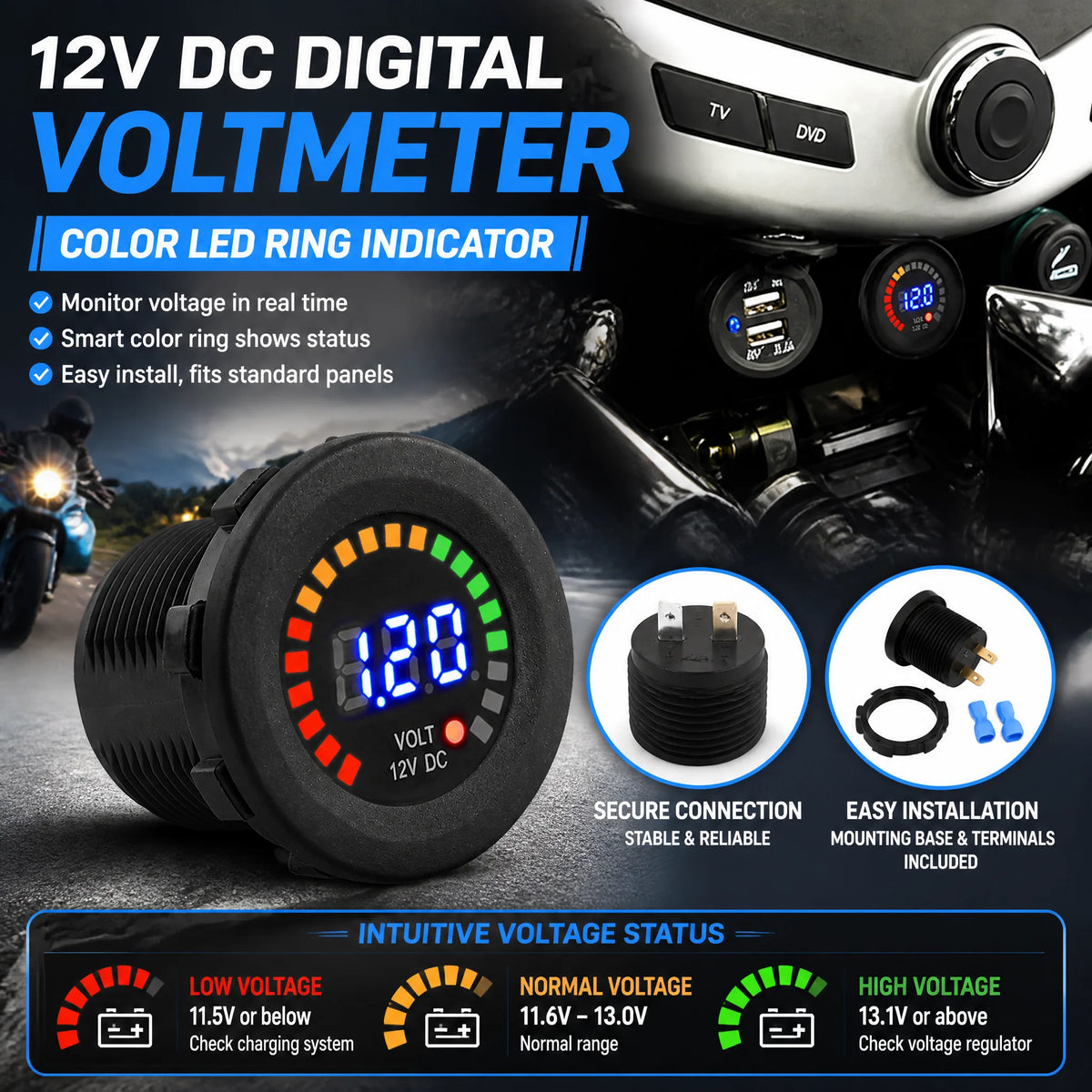 12V Motorrad Auto LED Digital Voltmeter – SwissGlanzGarage Ansicht 2