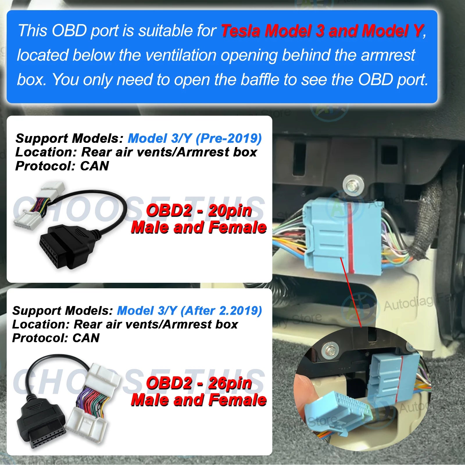 OBD Adapter für Tesla 12/20/26pin auf OBDII – SwissGlanzGarage Ansicht 3