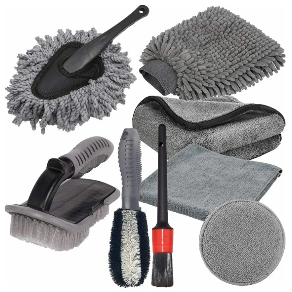 9-teiliges Auto Detailing Set mit Mikrofasertüchern und Bürsten