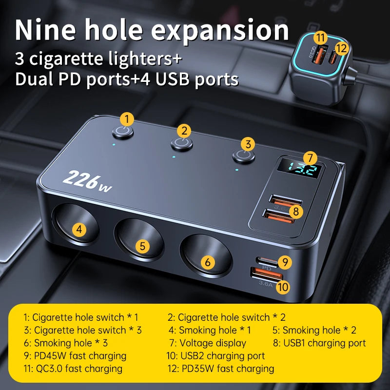 226W 9-in-1 Zigarettenanzünder Splitter mit USB-Ladegerät – SwissGlanzGarage Ansicht 3