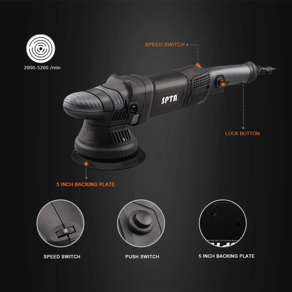 SPTA 5 Zoll 780W Dual-Action Auto-Poliermaschine mit 15mm Orbit und Schwammpads Zubehör für Fahrzeugpolitur