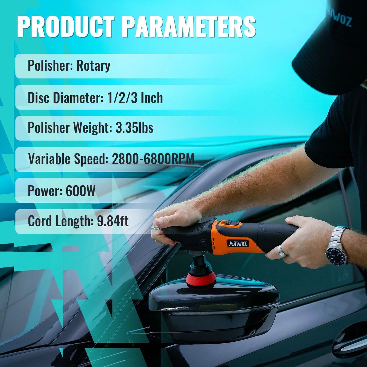 AUTIWOZ W03 Carbonfaser-Stil Rotations-Autopolierer 1/2/3 Zoll Mini-Detailing-Kit 600W Autolackpflege Poliermaschine