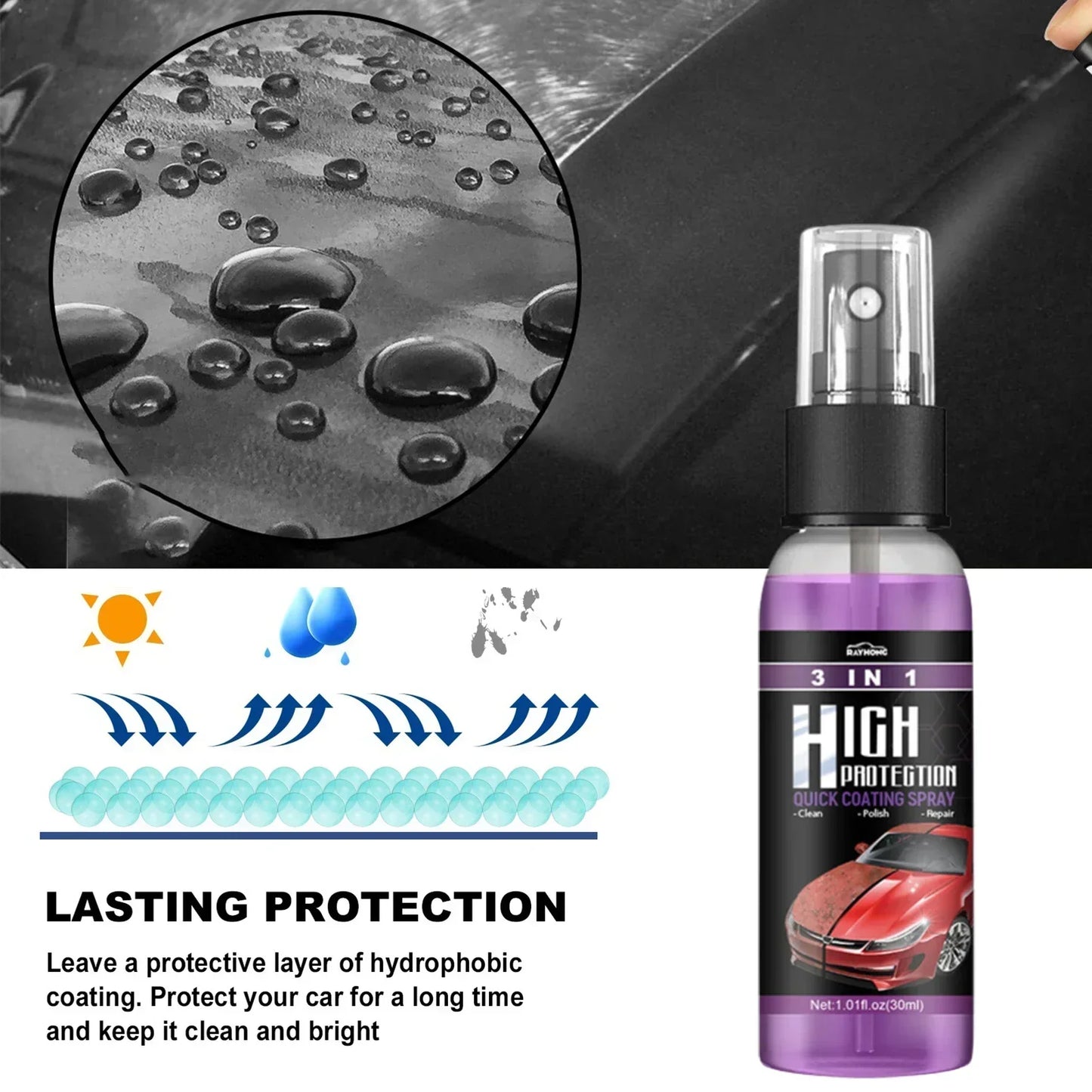3-in-1-Schnellkeramikbeschichtung, Fortify-Car-Wachs-Polierspray, hydrophob, intensiver Glanz, Glanz für Glas, Räder ...