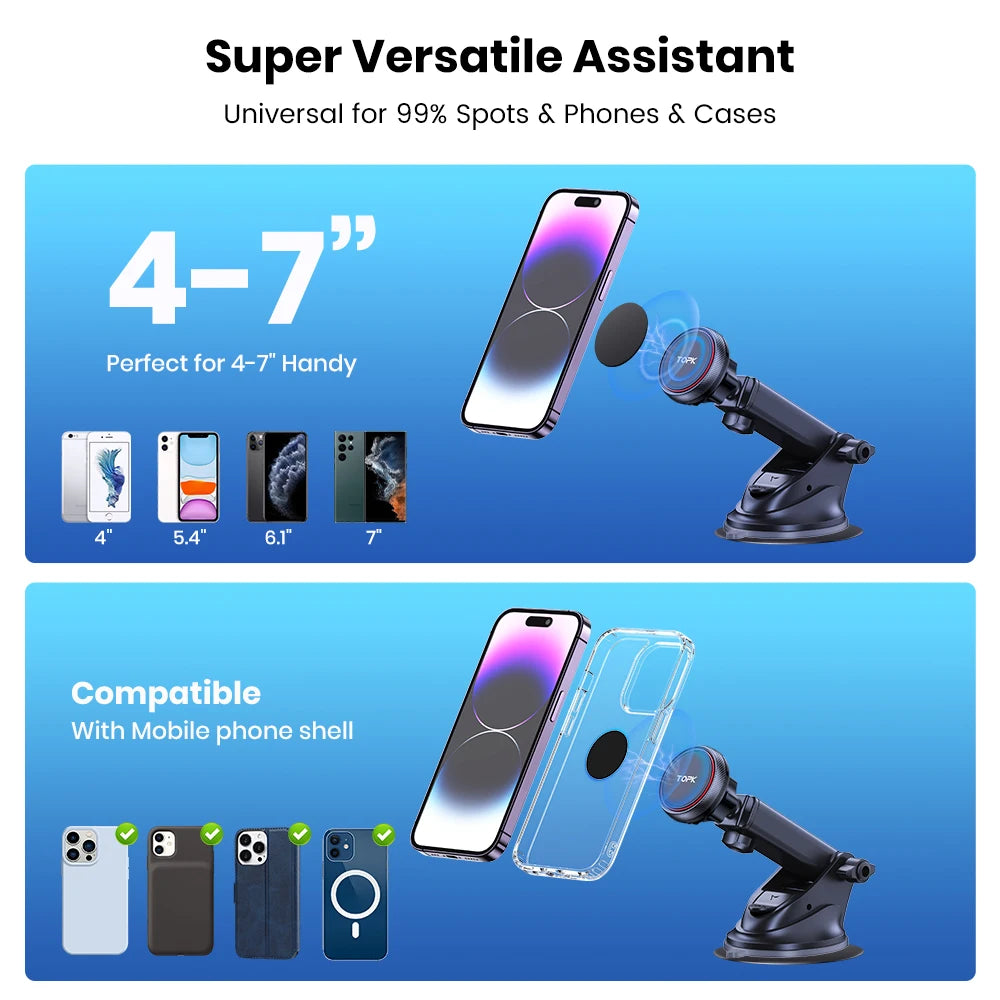 TOPK Magnetischer Autotelefonhalter, starke Saugnapfhalterung, Armaturenbrett, Windschutzscheibenständer, langer Arm,...