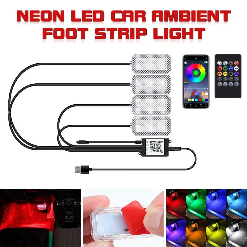 LED Auto-Innenraumbeleuchtung RGB Dekorative Lampe Fußraumbeleuchtungs-Set Zubehör mit Fernbedienung App-Musiksteuerung