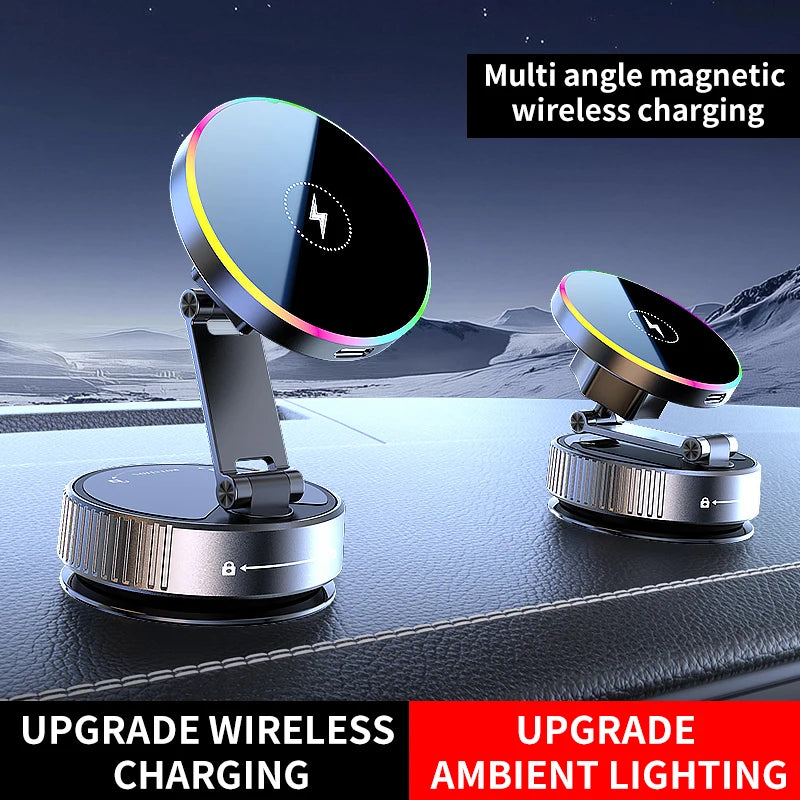 15W Kabelloses Auto-Ladegerät Handyhalterung RGB Farbiges Licht Vakuum-Saugnapf Ladestation 360° Drehbar Faltbare Han...