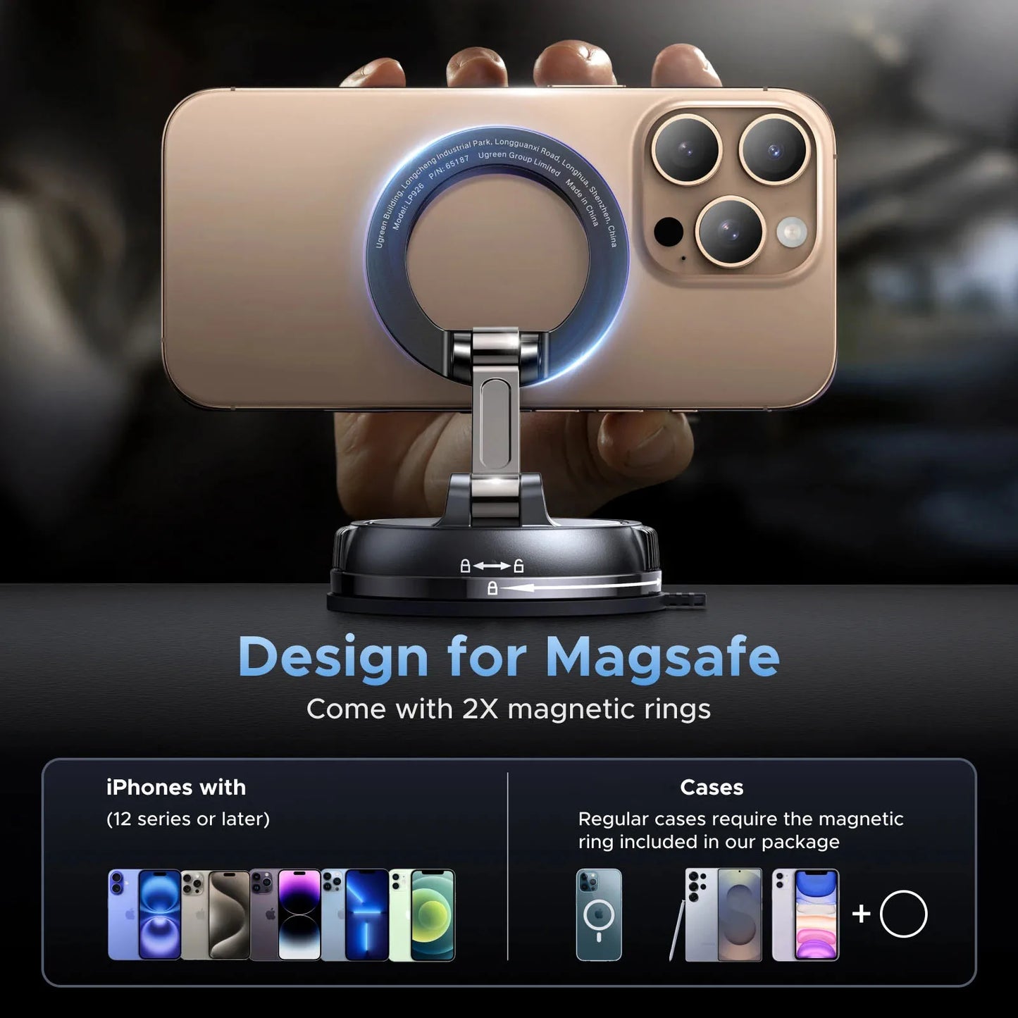 Magnetischer Autotelefonhalter, kompatibel mit Magsafe 360° drehbarem Vakuum-Saugnapf, Autohalterung, Armaturenbrett,...