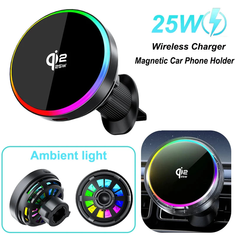 25W Qi2 Magnetischer Kfz-Ladegeräthalter mit RGB-Licht-Lüftungssc