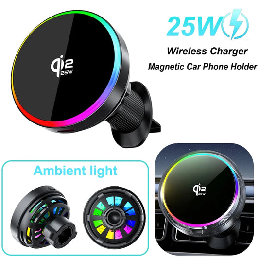 25W Qi2 Magnetischer Kfz-Ladegeräthalter mit RGB-Licht-Lüftungssc
