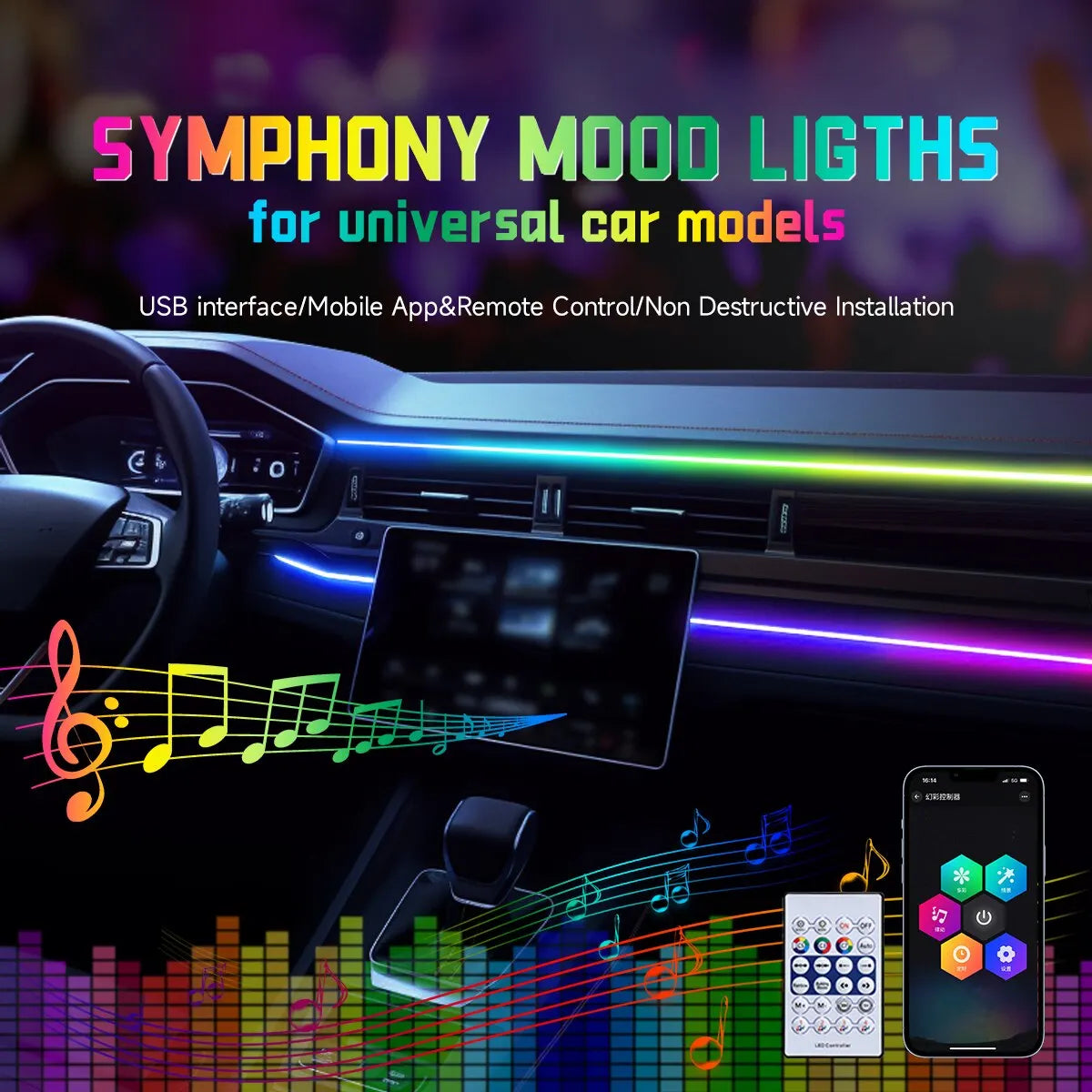 Auto-LED-Umgebungslicht, USB, 64 Farben, Acrylstreifen…