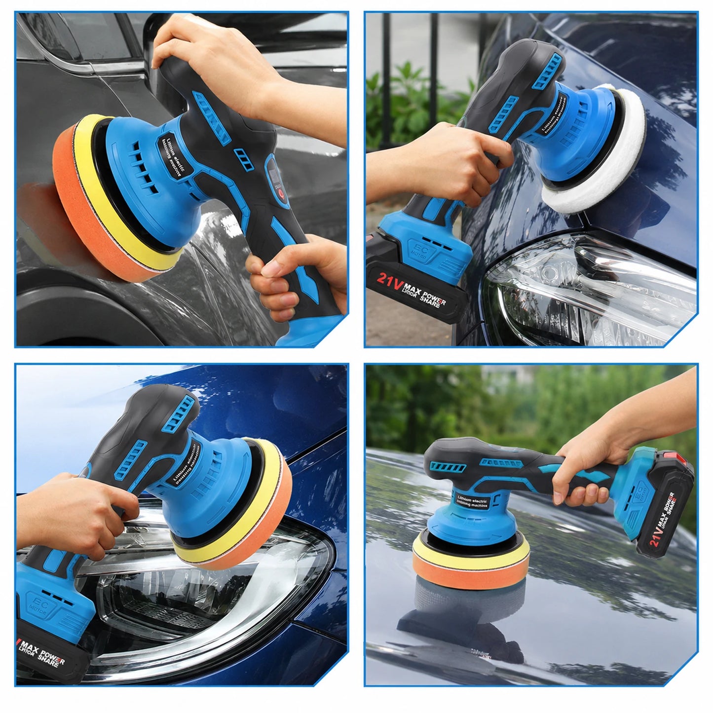21V Akku-Poliermaschine 8 Geschwindigkeiten 150mm Selbstklebender Polierpad LED-Batterieanzeige für Autopflege und Wa...