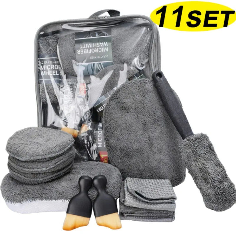 11-teiliges Mikrofaser Autowasch Profi-Set mit Bürsten und Handschuh