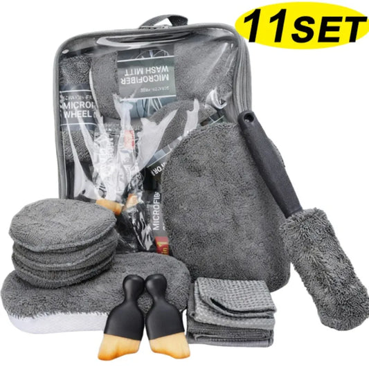 11-teiliges Mikrofaser Autowasch Profi-Set mit Bürsten und Handschuh