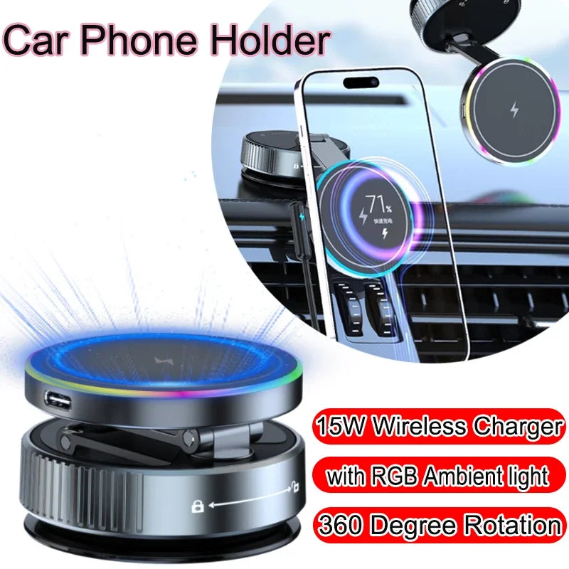 15 W kabelloses Laden, 360 Grad drehbar, Vakuum-Autohalterung, magnetische Autohalterung, Vakuum-Telefonhalterung für...