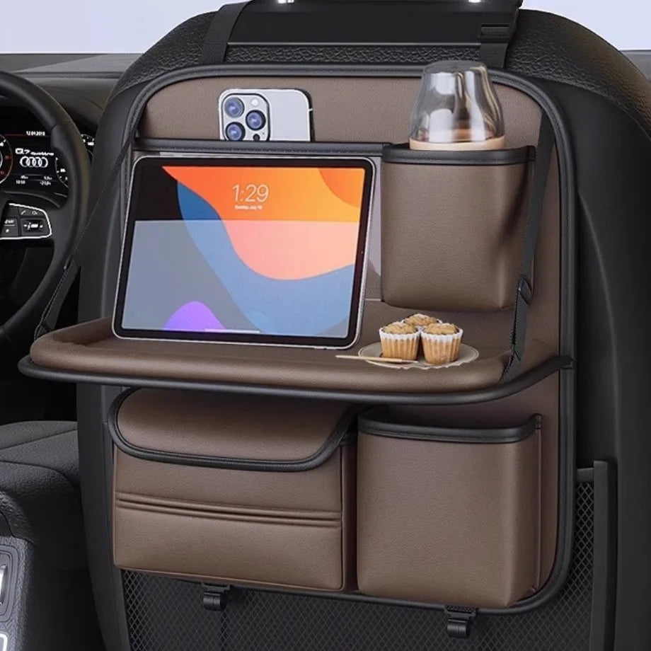 Leder-Autositz-Organizer mit Tablet-Halterung & Getränkehaltern