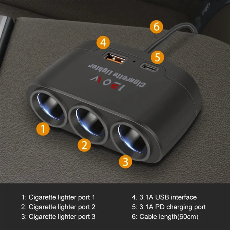 3-in-1 USB 120W Zigarettenanzünder-Splitter – SwissGlanzGarage Ansicht 6