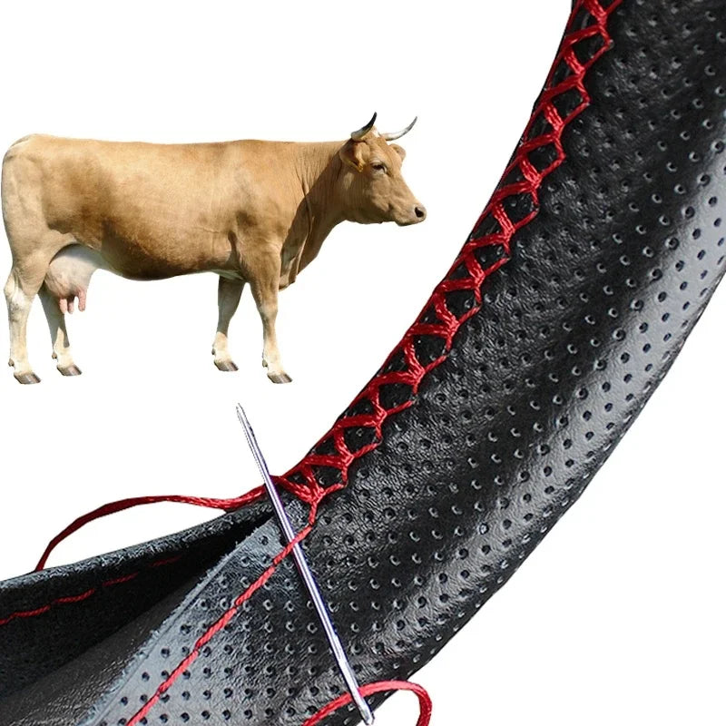 Leder Lenkradbezug zum Selbernaehen, schwarz mit roter Naht
