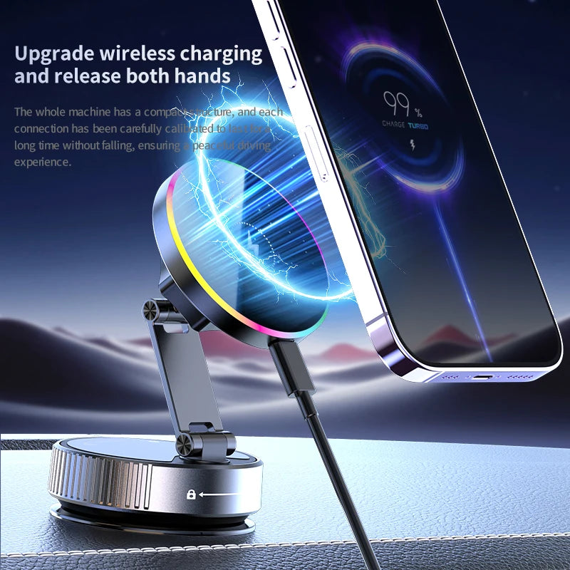 15W Kabelloses Auto-Ladegerät Handyhalterung RGB Farbiges Licht Vakuum-Saugnapf Ladestation 360° Drehbar Faltbare Han...