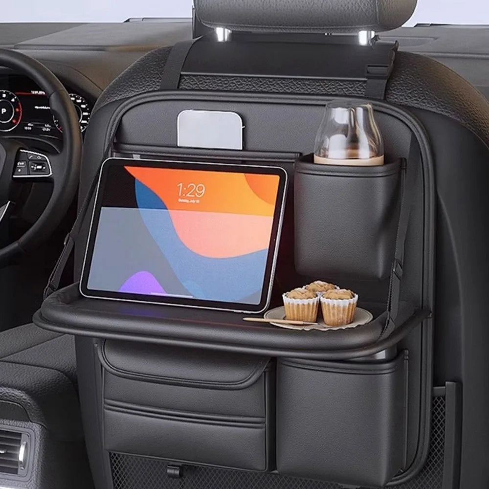 Leder-Autositz-Organizer mit Tablet-Halterung & Getränkehaltern