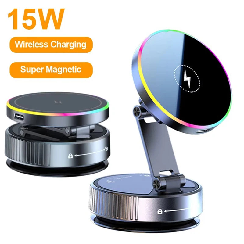 15W Kabelloses Auto-Ladegerät Handyhalterung RGB Farbiges Licht Vakuum-Saugnapf Ladestation 360° Drehbar Faltbare Han...
