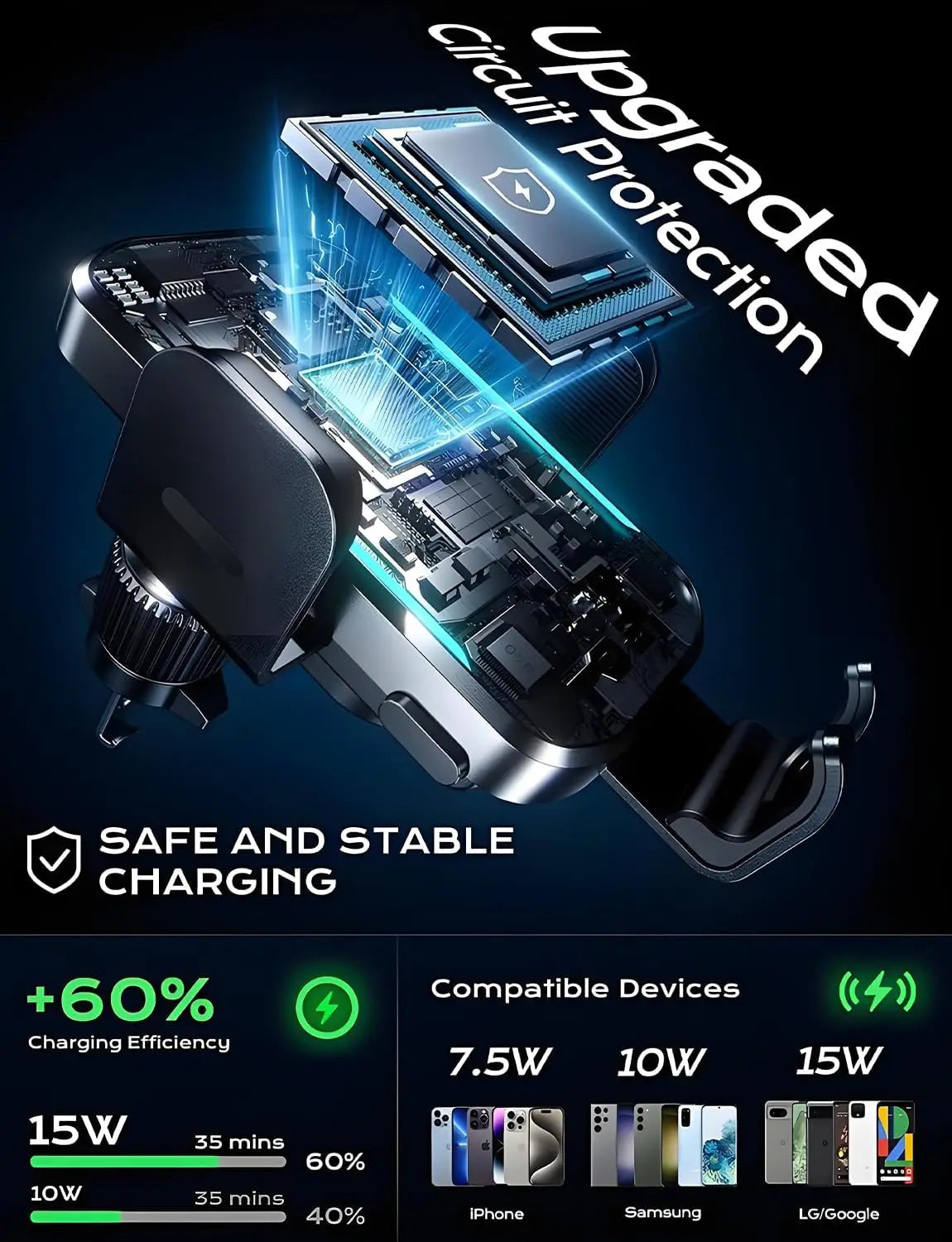 Kabelloses Autoladegerät, 2025, Upgrade 15 W, schnelles Laden, automatische Klemmung, Autotelefonhalter, Ladegerät, T...
