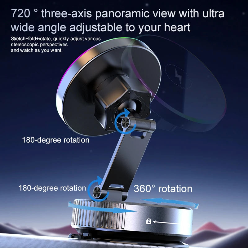 15W Kabelloses Auto-Ladegerät Handyhalterung RGB Farbiges Licht Vakuum-Saugnapf Ladestation 360° Drehbar Faltbare Han...