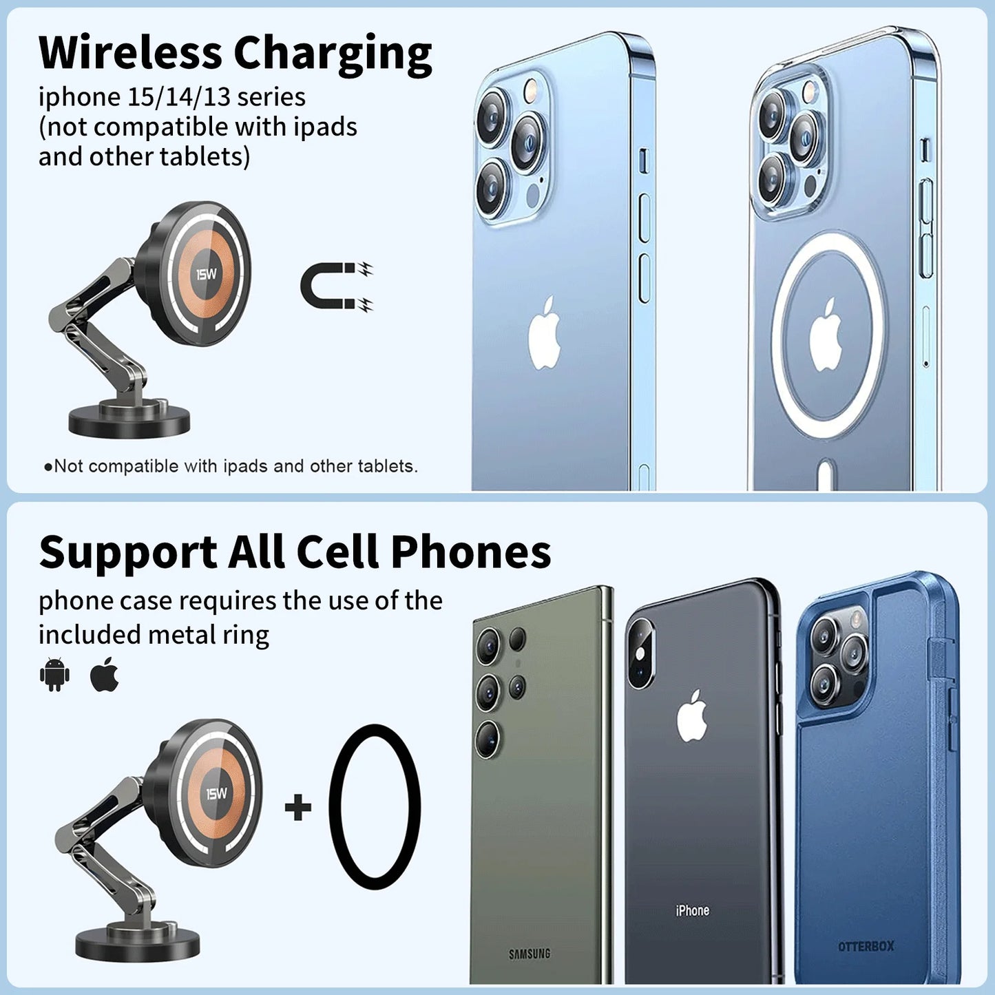 Magnetischer Autotelefonhalter, kabelloses Ladegerät, Rotationshalter, schnelles Aufladen für iPhone 16/15/14/13, Sam...