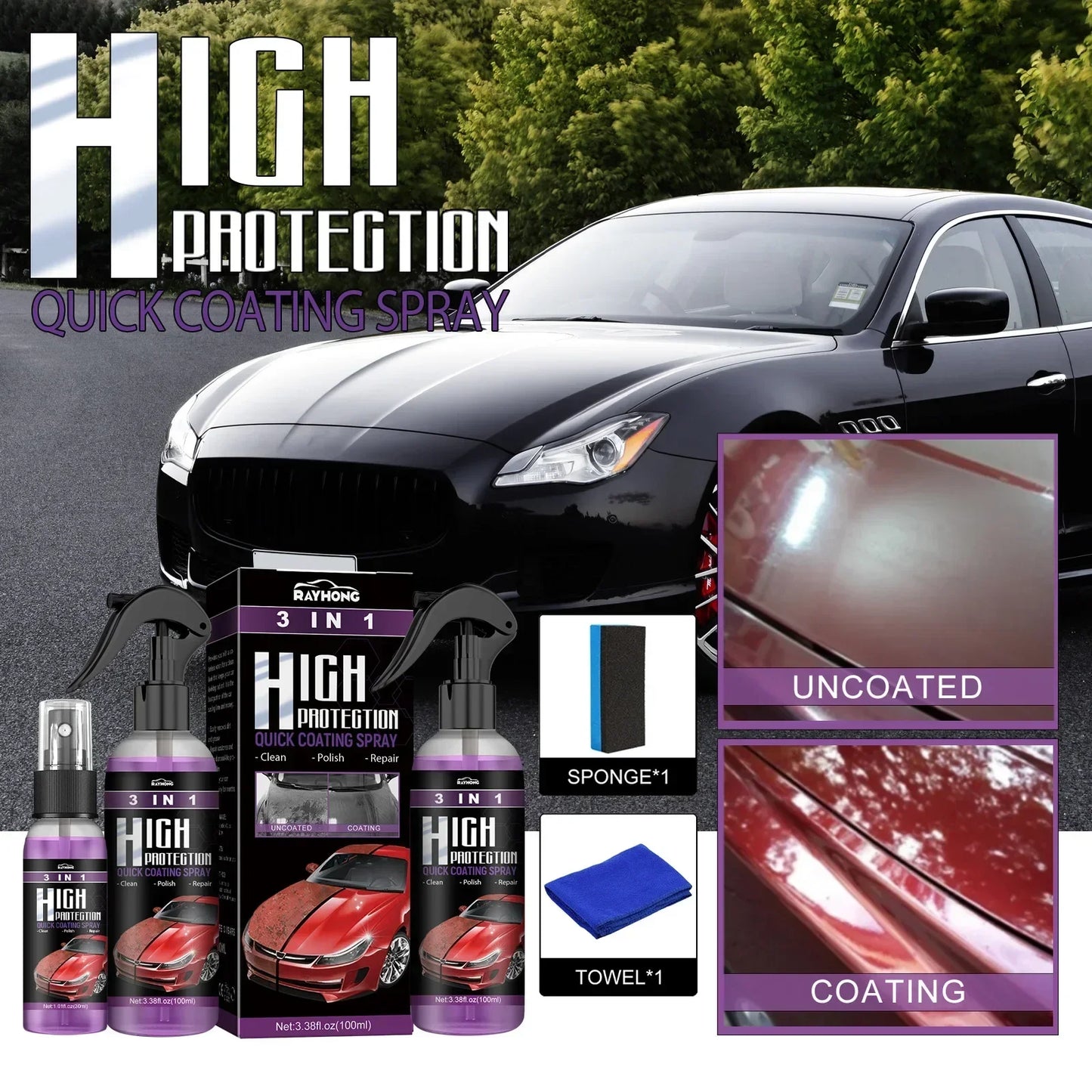 3-in-1-Schnellkeramikbeschichtung, Fortify-Car-Wachs-Polierspray, hydrophob, intensiver Glanz, Glanz für Glas, Räder ...