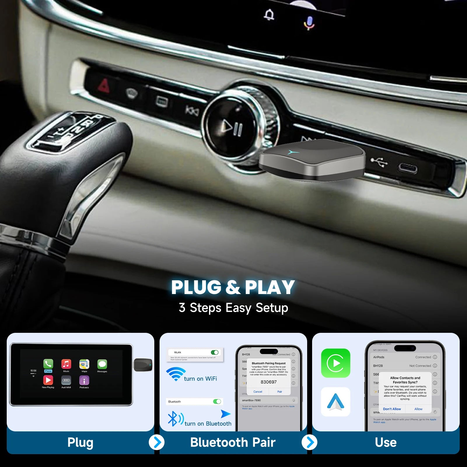 2in1 CarPlay/Android Auto Adapter – mit kabellosem Laden – SwissGlanzGarage Ansicht 3