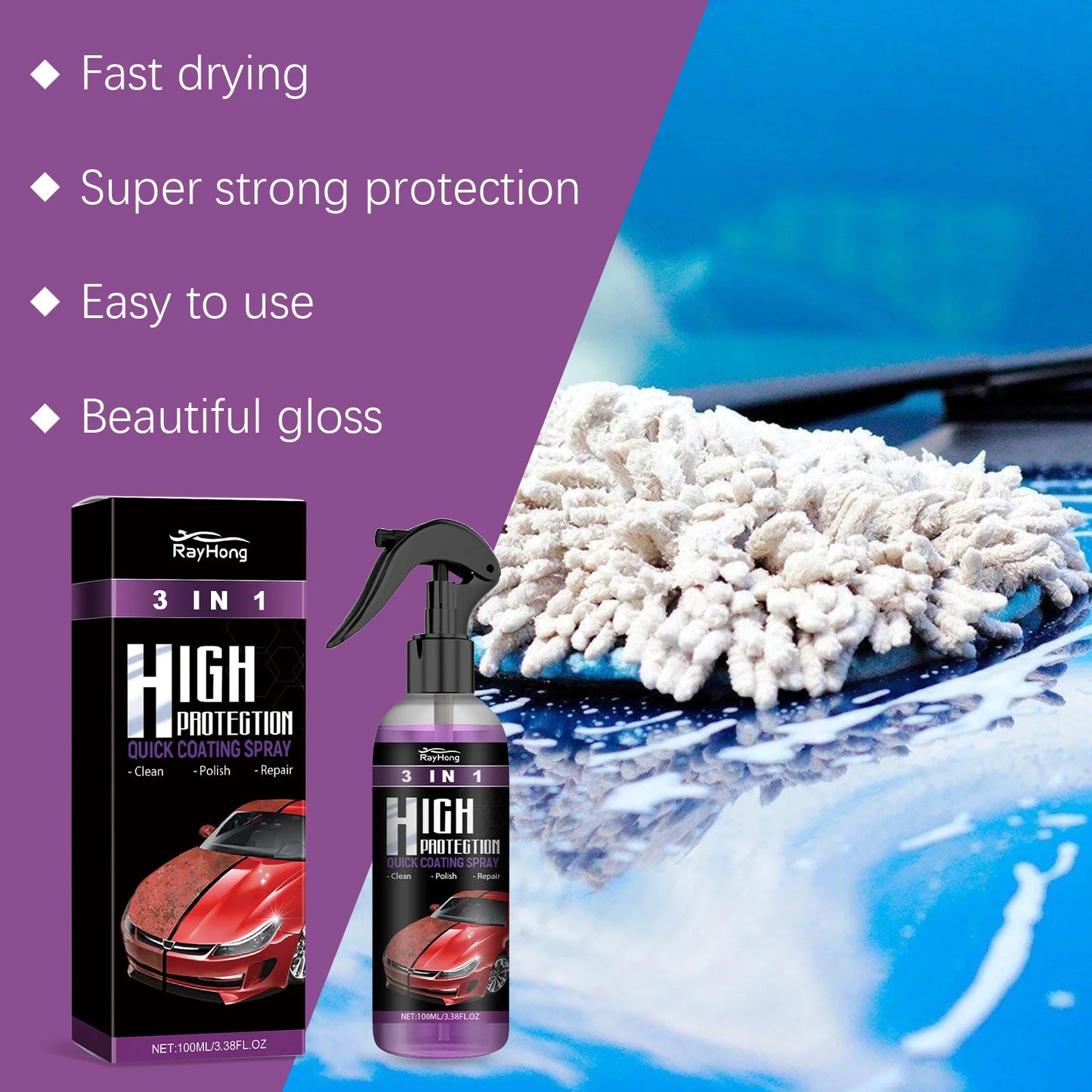 3 IN 1 Auto-Keramikbeschichtungsspray, Nano-Kristall-Hydrophob-Schicht, hoher Schutz, Autowachs, Polieren, Autokaross...