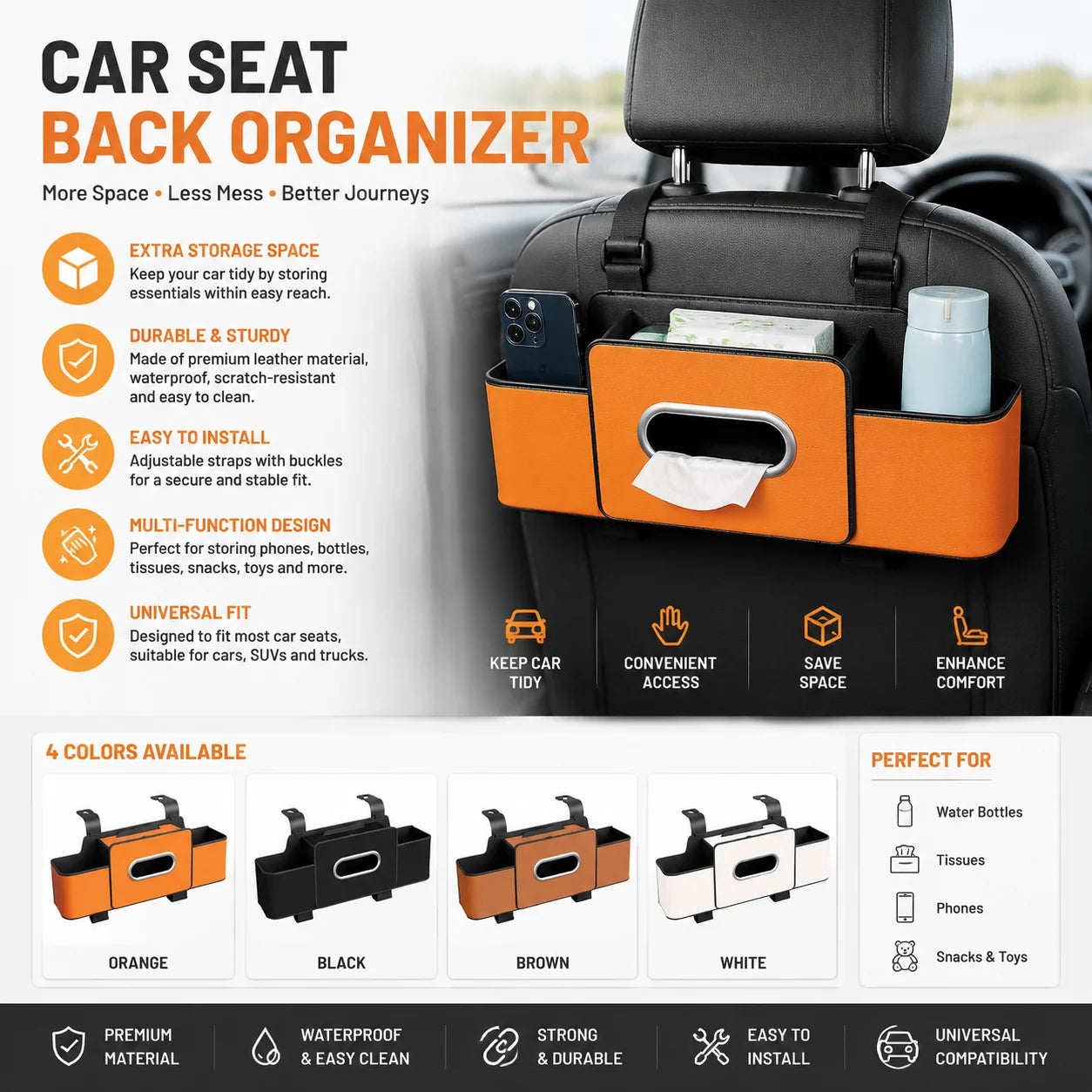 Auto-Rücksitz-Organizer Multifunktionale Aufbewahrungsbox mit Getränkehalter Taschentuchhalter & Handyhalterung Unive...