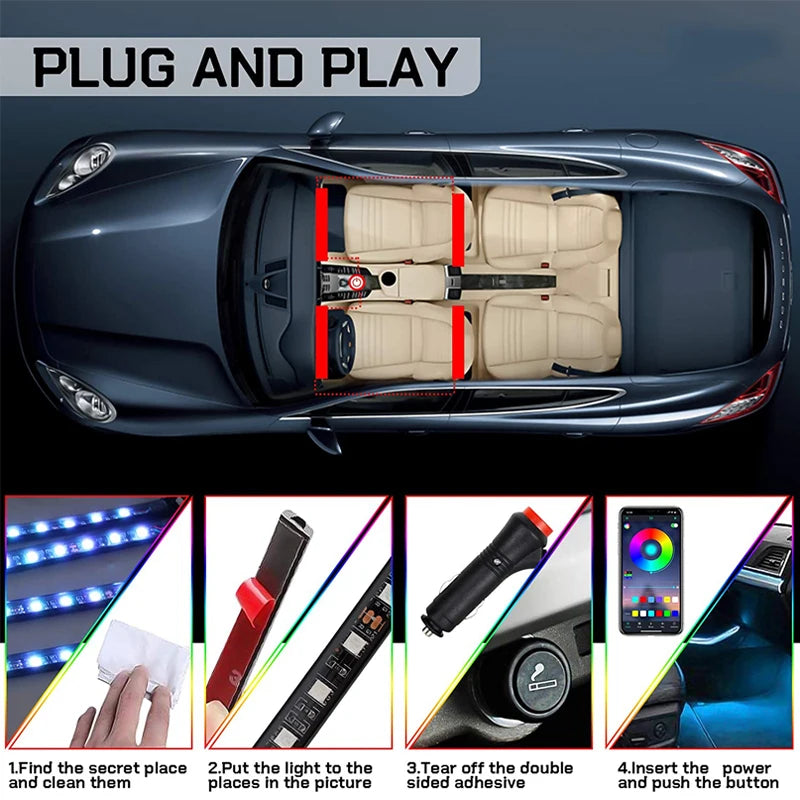 Auto USB LED Innen atmosphäre dekorative Lichter Fuß lampen 48led RGB