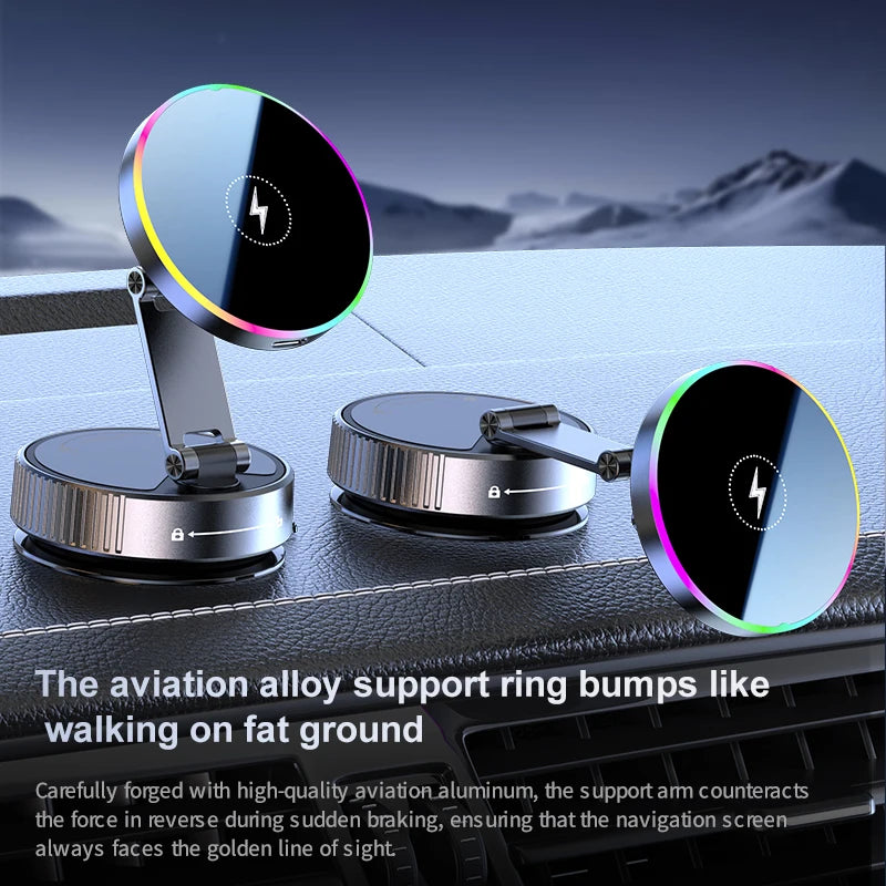 15W Kabelloses Auto-Ladegerät Handyhalterung RGB Farbiges Licht Vakuum-Saugnapf Ladestation 360° Drehbar Faltbare Han...