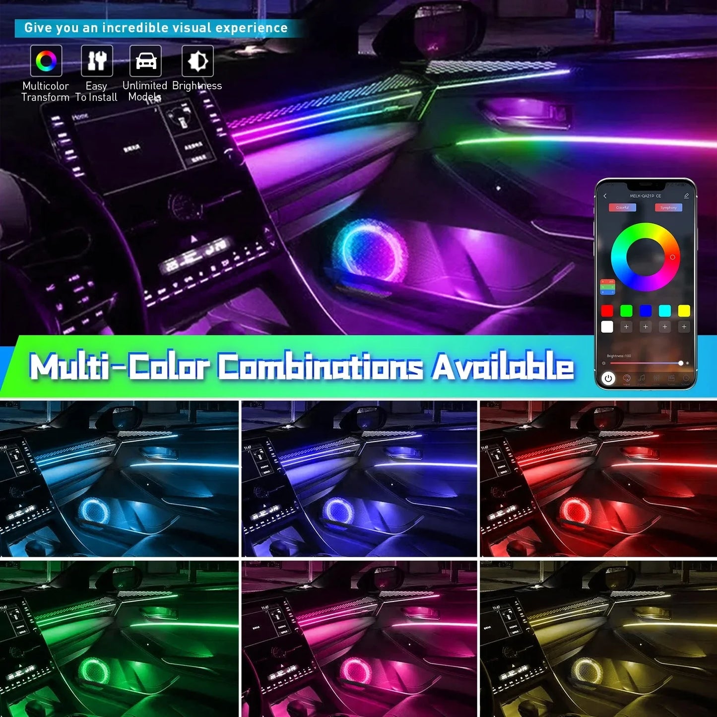 22-in-1-Auto-Umgebungslichter, RGB, 64 Farben, universeller LED-Innenraum, versteckter Acrylstreifen, Symphonie-Atmos...