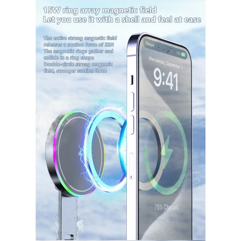 15 W kabelloser Lade-Autotelefonhalter mit RGB-Licht, Armaturenbrett-Vakuumsaugerhalter, 360-Grad-Drehung für iPhone ...
