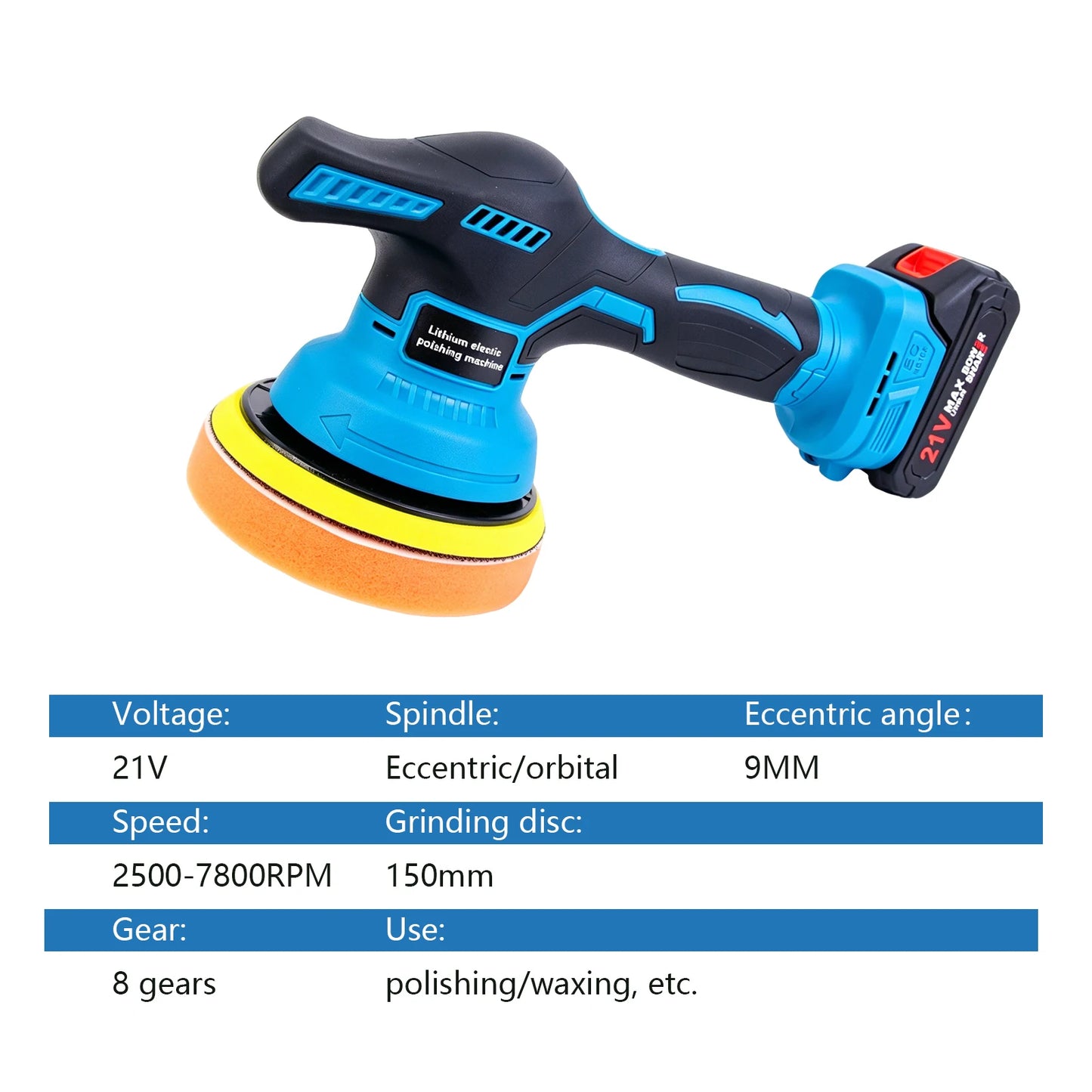 21V Akku-Poliermaschine 8 Geschwindigkeiten 150mm Selbstklebender Polierpad LED-Batterieanzeige für Autopflege und Wa...